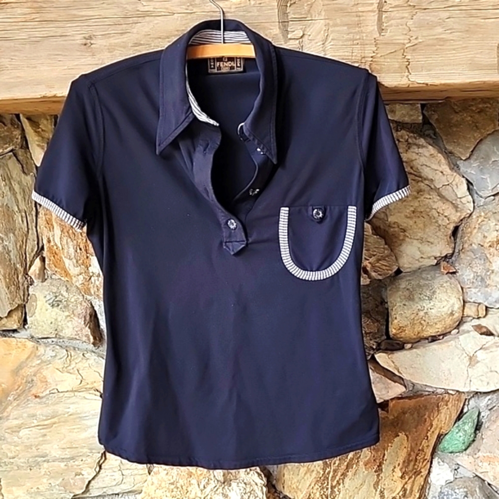 Fendi Roma Made in Italy Navy Polo Shirt Women’s IT 42 Contrast Stripe Trim